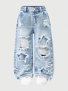 Jeans rectos con bordados y desgaste para niñas jóvenes, de estilo universitario casual y cómodo. Lavado claro, tela suave de color azul - Lavado ligero - Ver 3