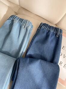 2pcs/Set Tween Girls Loose Casual Versatile Daily Wear Light Blue & Dark Blue Denim Jeans - Multicolor - View 3