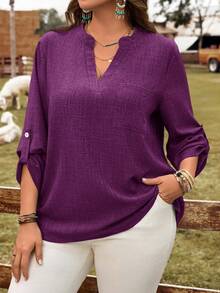 EMERY ROSE Plus Size Solid Color Notched Collar Casual Rolled Sleeve Shirt V Neck Blouses For Women Purple Blouse Women Plus Size Casual Tops - Purple - View 4