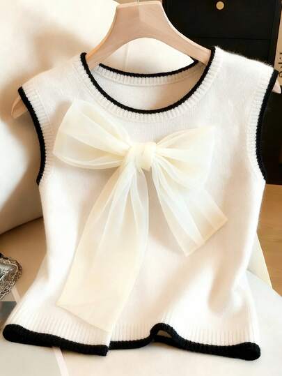 Franclia French Minimalist Sleeveless Crew Neck Contrast Color Knit Sweater Vest With Sheer Bowknot Decor For Women, Autumn/Winter