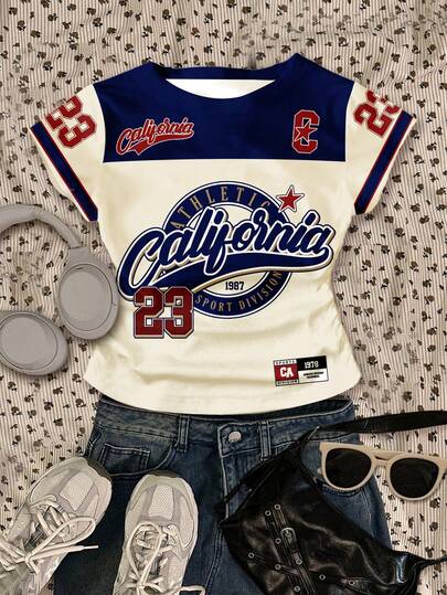 Teen Girl Round Neck Letter & Number Print Short Sleeve T-Shirt, Suitable For Spring/Summer Outdoor Picnic, Outing, Street Style, Home, Campus