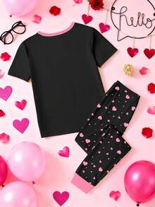 Tween Girls Pajamas Set, Glow-In-The-Dark Heart & Number 67 Print Top Paired With All-Over Heart Print Tight Fit Knit Crew Neck Short Sleeve Pants, Spring/Summer, 1 Set, Valentine's Day Gift - Black - View 3