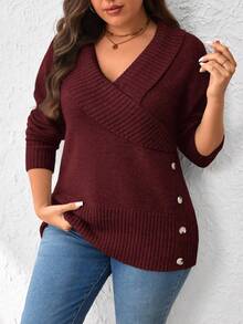 EMERY ROSE Plus Size Women Casual Long Sleeve Side Button Design Pullover Sweater, Autumn/Winter - Burgundy - View 4