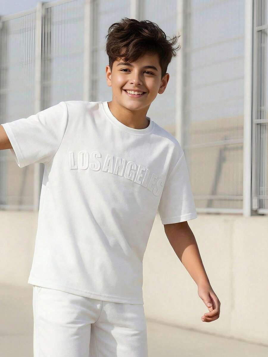 SHEIN Vacaura Tween Boy Casual Loose Fit Breathable Comfortable T-shirt With Letter Print - White - View 1