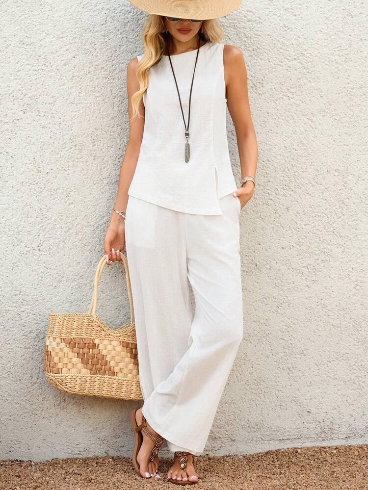 Plus Size Women's Casual Everyday Commute Minimalist Solid Color Sleeveless Top And Wide Leg Pants Set, Spring/Summer