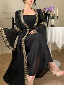 DAZY Women's Elegant Vacation Style Splice Ribbon Flare Sleeve Belted Sheer Robe & Camisole 2 Pieces Set - Black - View 1