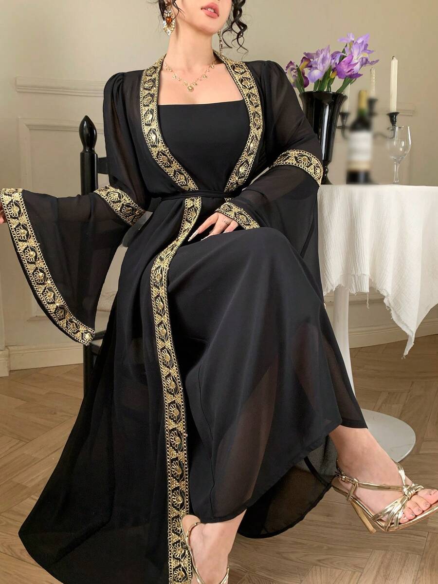 DAZY Women's Elegant Vacation Style Splice Ribbon Flare Sleeve Belted Sheer Robe & Camisole 2 Pieces Set - Black - View 1