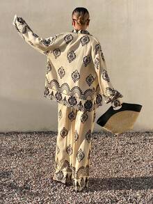 DAZY 2pcs Women Casual Vacation All-Over Print Button Front Long Sleeve Shirt And Pants Set, Autumn Lounge Sets For Women - Khaki - View 2