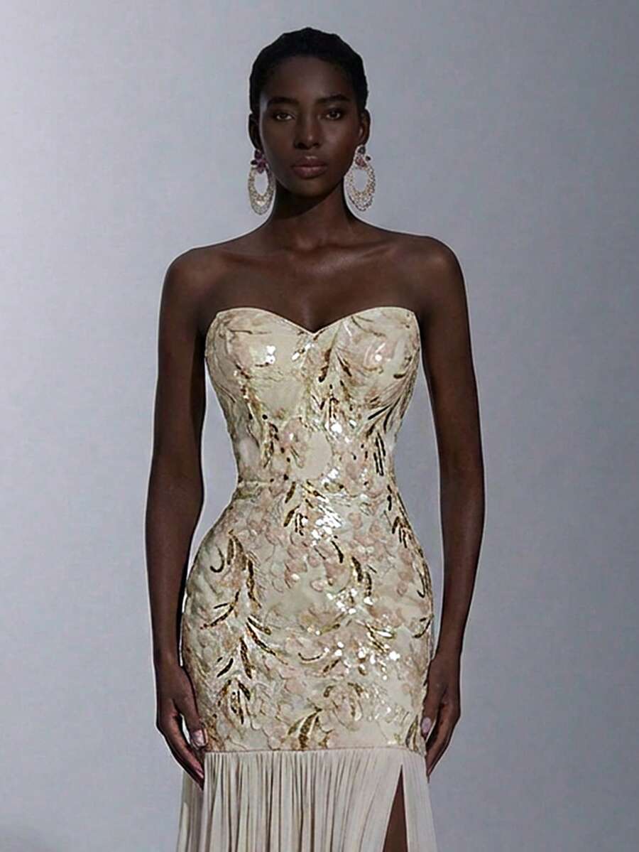 Elitara Đầm Maxi xẻ tà cao cổ chữ V, lưng thấp, lưới trong suốt, trang trí ngọc trai sang trọng màu mơ thanh lịch, thích hợp cho tiệc tùng, bãi biển, trở lại trường, hẹn hò, đám cưới, sinh nhật, tốt nghiệp, trà chiều, xuân/hè - Màu be - Xem 1