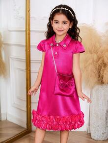 1 pieza Vestido de línea A con mangas de volantes, cuello de satén, abertura delantera, decoración de strass y perlas, bolso bandolera a juego con lazo, volantes en el bajo, vestido elegante y versátil de estilo retro para niñas en verano - Morado - Ver 6