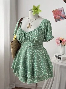 Flirla Plus Size Women Green Ditsy Floral Short Sleeve Casual Jumpsuit, Summer - Multicolor - View 5