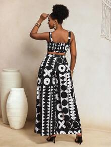 SHEIN BamGlam 新款复古极简性感数码印花无袖背心和长裤两件套，适合春夏度假穿着 - 黑色 - 查看 3