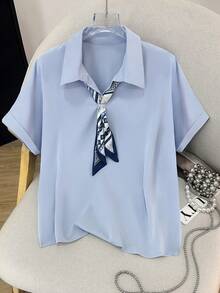 SHEIN Franclia V-Neck Collar Blouse With Scarf & Tie, Casual & Fashionable, Spring/Summer - Blue - View 1