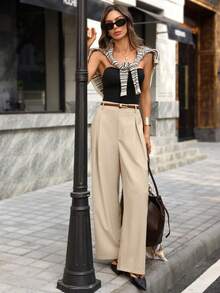 Editum Women's Straight Leg Pleated Khaki Linen Pants, Elegant For Daily Wear And Commuting, Spring/Summer Pants Solid Khaki Cotton-Linen Trousers, Straight Leg, Office Wear, Commuting Style. Wide Leg Pants Beige Pants Women Pants Casual Outfit Vacation Outfit - Khaki - View 7