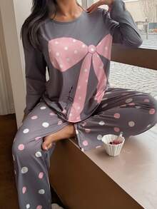 SHEIN Set de pijama de 2 piezas con estampado de lunares y moño en talla grande - Multicolor - Ver 6