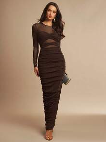 Silquee Gaun Malam Elegan Musim Gugur Hitam dengan Desain Jala, Model Bustier, dan Lengan Panjang Transparan dengan Detail Kerut untuk Wanita, Sempurna untuk Pesta Koktail, Klub Malam & Kencan - Coffee Brown - View 3
