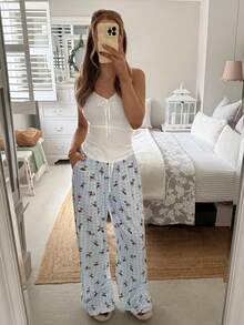 CovetEZ Women's Drawstring Waist Plaid Deer Print Wide Leg Loose Casual Pants - Multicolor - View 3