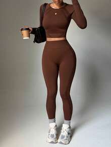 SHEIN Sports Plus Size Women Solid Color Long Sleeve And Long Pants Sports Outfit, Seamless Workout Women Set Women Leggings Set - Brown - View 8