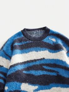 ROMWE MEN Áo len nam dáng rộng cổ tròn, vai rớt, phối màu tương phản, phong cách thường ngày, thích hợp cho đi làm, thời trang đường phố, thu đông. - Nhiều màu - Xem 3