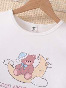 女童可爱睡熊印花短袖粉色长裤睡衣套装 - 藕粉色 - 查看 5