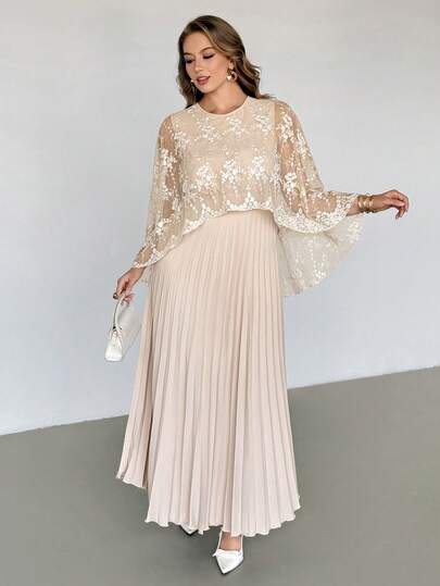 Auralis Plus-Size Women's Spring/Summer Fashion Elegant Loose Comfortable Everyday Embroidered Cape Apricot Pleated Long Dress,Spring Clothes,Wedding Guest Dress For Women,Party Dress,Romantic Style Spring Outfit Women Spring Dress For Women