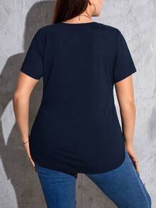 Shapeblank Plus Size Summer Casual Solid Color Curved Hem Short Sleeve T-Shirt Dark Blue Top Plus Size Solid Color Ribbed Knit T Shirt Blue Tops Plus Size - Navy Blue - View 2