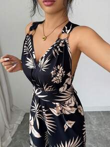 Rafferiza Bộ jumpsuit kaki dáng suông, cổ chữ V, hở lưng, in họa tiết lá cây, cổ xếp ly, màu kaki, thích hợp cho kỳ nghỉ hè, dành cho nữ. - Nhiều màu - Xem 2