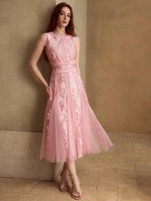 MOTF PREMIUM WOMEN'S LACE EMBROIDERED SPLICE FLORAL TRIM ELEGANT SLEEVELESS MIDI DRESS, SUITABLE FOR DATES, SPRING/SUMMER - Pink - View 7