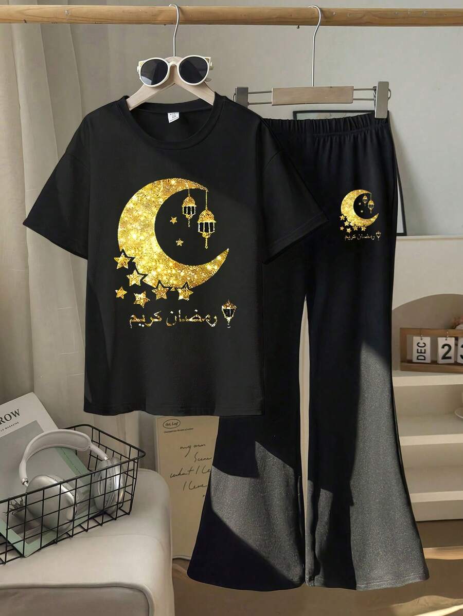 少女斋月印花黑色短袖T恤和喇叭裤套装，时尚休闲日常穿着，春夏秋季皆宜 - 黑色 - 查看 1