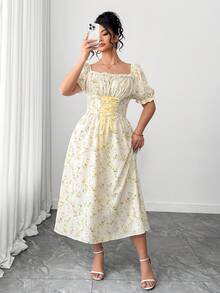 SHEIN PETITE CURVE 大码女式腰带系带碎花方领中长连衣裙，春夏款 - 黃色 - 查看 6