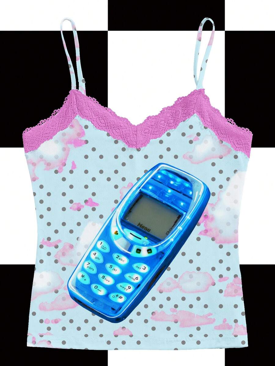 Y2Kool Maria Clara Maia 超现实主义太空飞船、月亮、田野、彩虹万圣节性感Y2K休闲街头时尚蕾丝边V领吊带背心，适合秋冬派对、节日、聚会、日常穿着。彩虹上衣、锐舞上衣、UFO上衣、美学上衣、辣妹图案上衣、派对上衣 - 彩色 - 查看 1