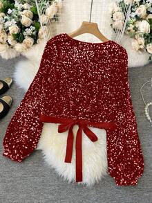 SHEIN LUNE 女士休闲圆领亮片拼接缎带派对上衣 春季女装，情人节女士闪亮上衣 红色亮片上衣，休闲 - 紅色 - 查看 2