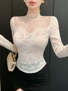 DAZY Women's Fuzzy Lace Patchwork Long Sleeve T-Shirt, Suitable For Autumn/Winter, Party, Back To School Spring - Beige - View 3