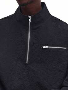 SUMWON Half Zip Quarter Zip Pullover Sweatshirt With Chest Zip Pocket Detail Long Sleeve Crew Neck Top - Black - View 3