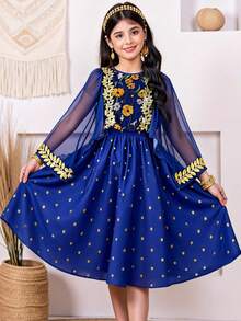 SHEIN 少女优雅花卉蕾丝边网纱度假连衣裙 - 藏蓝色 - 查看 4