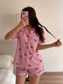 Napfluff 粉色条纹樱桃印花翻领短袖短裤女士睡衣套装 - 粉色 - 查看 2