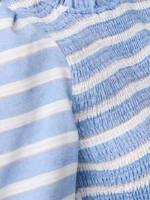 Nöista Striped Blouse Features Puffed Long Sleeves With Ruffled Cuffs And A Delicate Peplum Hem. Fitted Silhouette. Spring, Summer. - Blue - View 7