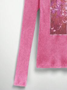 NEON BLANC Men's Street Fashion Knitted Crew Neck Letter & Graphic Print Long Sleeve T-Shirt Pink Long Sleeve Pink Pink Long Sleeve Graphic Shirt - Magenta - View 4