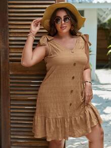 SHEIN LUNE 加大码系带露肩假纽扣荷叶边下摆夏季连衣裙 - 棕色 - 查看 4