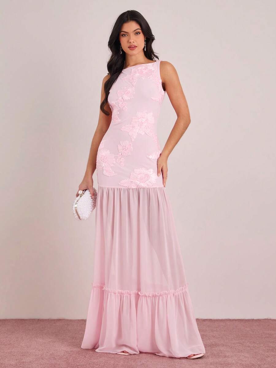 Enchnt Đầm maxi lưới phối nhiều mảnh gợi cảm, không tay, hở lưng. - Hồng - Xem 1