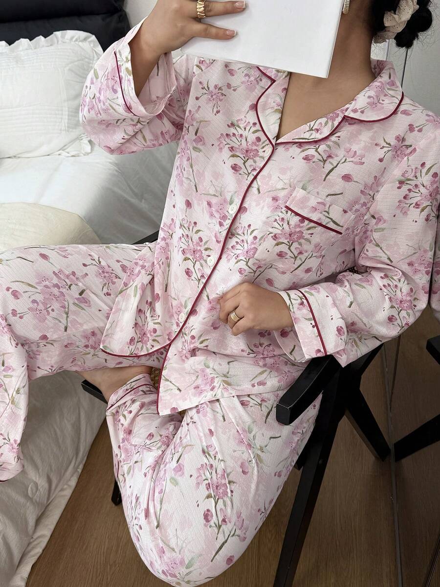 Dream Adore Bộ đồ ngủ cardigan họa tiết hoa màu tím, cỡ lớn - Màu tím - Xem 1