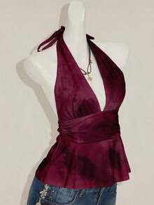 SHEIN ICON 女士休闲露背吊带紧身背心，适合夏季穿着，扎染印花，安哥拉红，露背设计 - 彩色 - 查看 7