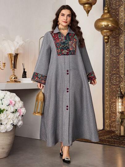 Al Najma Plus Size Women Jacquard Patchwork Long Sleeve Loose Dress
