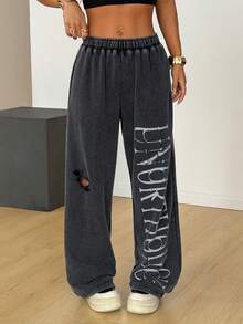 SHEIN EZwear Women's Elastic Waist Flared Leg Letter Print Pants - Black - View 1