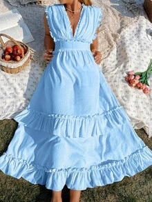 Flirla Gaun Wanita Ukuran Besar Elegan Warna Polos dengan Ruffle dan Tali Pengikat - Biru - View 5