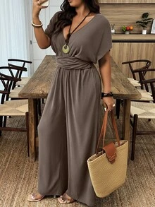 SHEIN PETITE CURVE 大码女式纯色蝙蝠袖直筒连体裤，适合休闲、度假穿着 - 棕色 - 查看 1