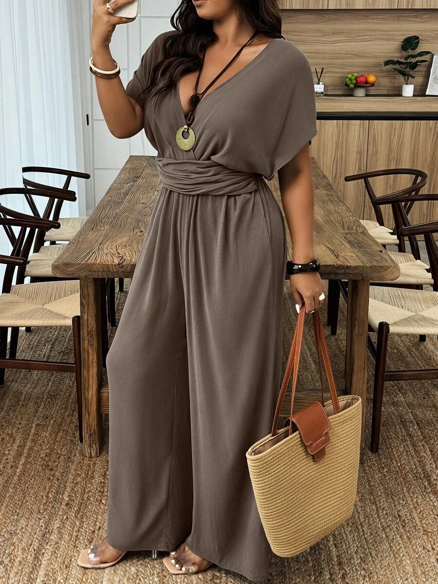 SHEIN PETITE CURVE 大码女式纯色蝙蝠袖直筒连体裤,适合休闲、度假穿着 - 棕色 - 查看 1