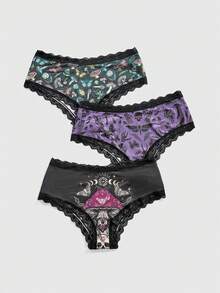 ROMWE 3pcs Women's Gothic Floral, Mushroom, Insect, Butterfly Print Hipster Panty Set - Multicolor - View 1