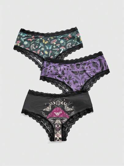 ROMWE 3pcs Women's Gothic Floral, Mushroom, Insect, Butterfly Print Hipster Panty Set