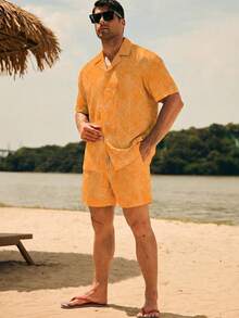 Manfinity Swimmode Men's Botanical Allover Print Front Button Casual Loose Beach Shorts Set - Yellow - View 6